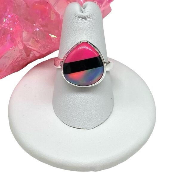 Aurora Aura Fire Opal Black Onyx Striped Ring Solid 925 Sterling Silver Size 8 - Picture 1 of 9
